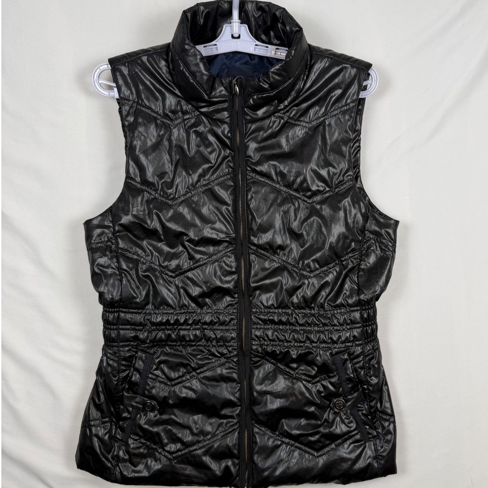 Nautica Womens Black Chevron Quilted Puffer Vest Mock Neck Full Zip Size M